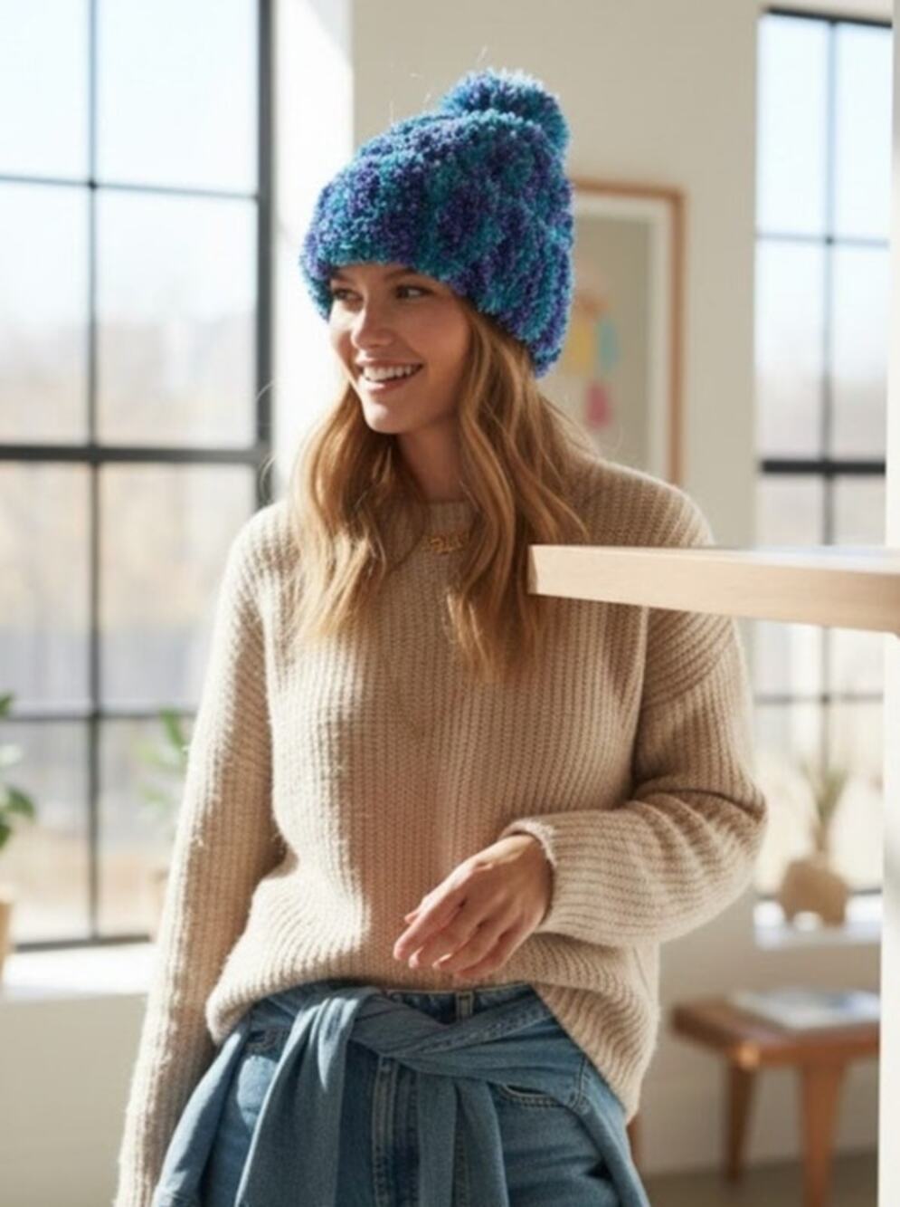 Merona Beanie Hat Blue Purple Teal Shaggy Eyelash Knit Soft NWT Winter Gift Cozy